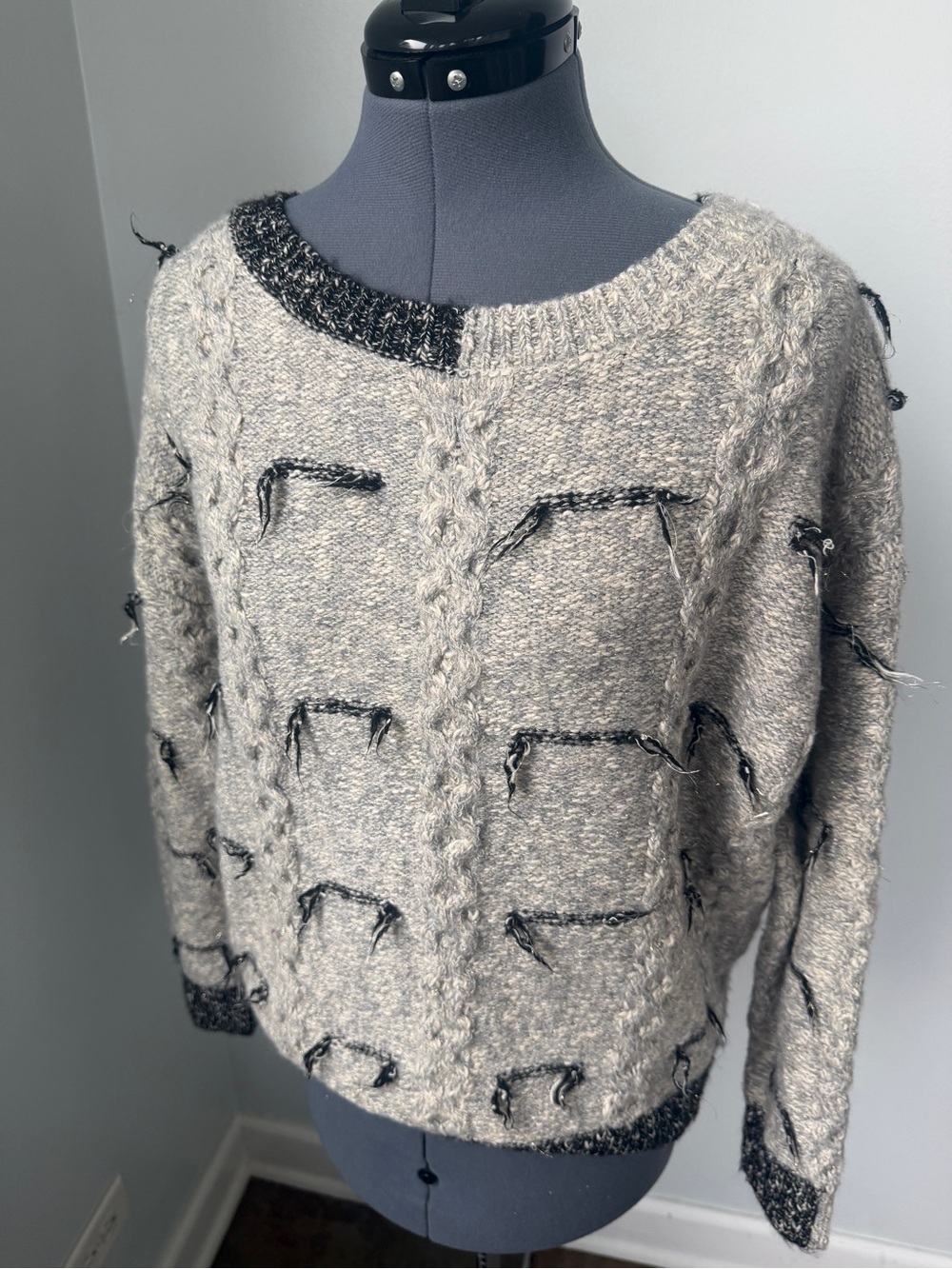 Absolutely Creative Worldwide Sz S Gray Crewneck Eyelash Sweater Y2K Granny